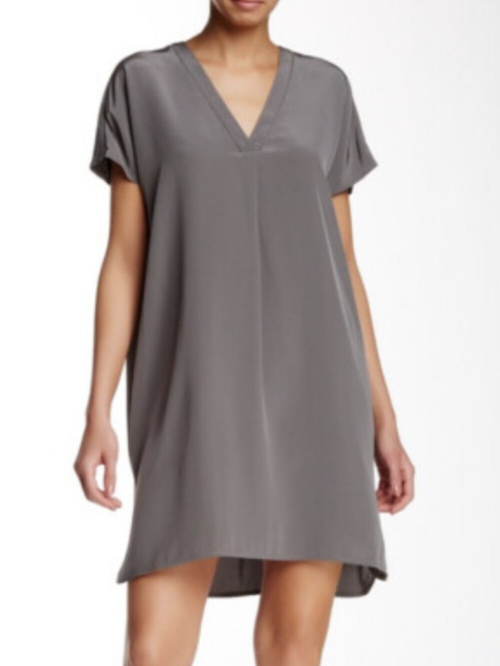 Vince 100% Silk Gray V-Neck Tunic Swing Mini Shift Dress XS